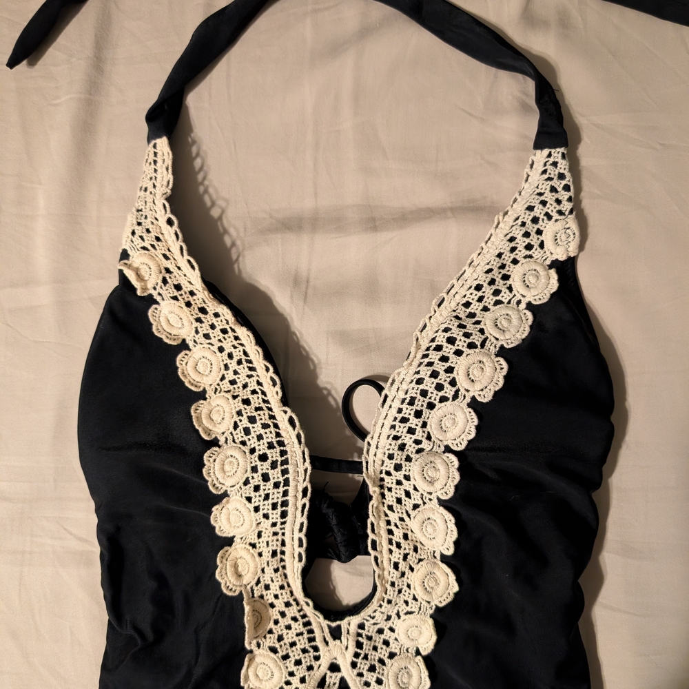 Black One-Piece Swimsuit with Cream Lace Detail - Picture 2 of 7
